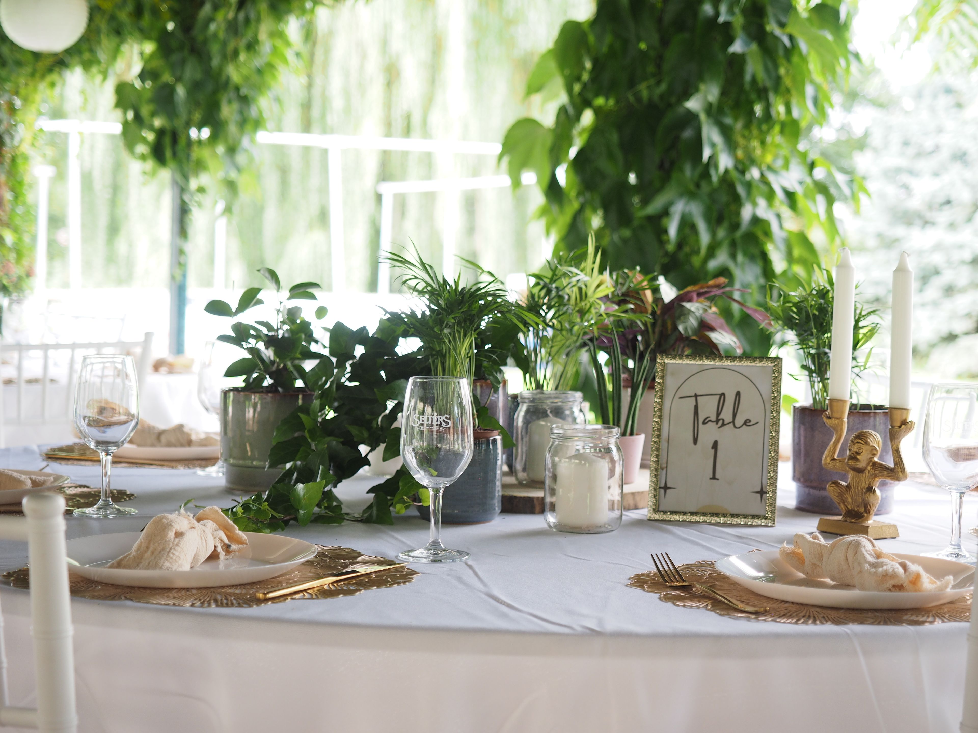 Bild des Greenery-Tisches mit Eindeckung und einer Dekoration mit verschiedenen Topf-Pflanzen in Kombination mit Kerzen.